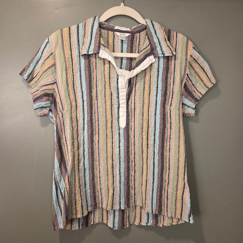 Christopher & Banks Women's Stretch Crinkle Polo Shirt Size L Striped Neutrals